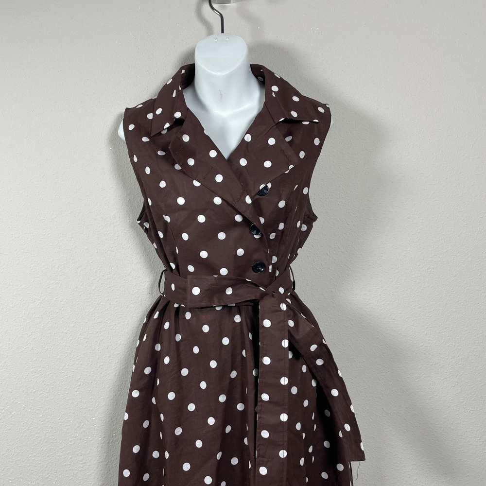 Linen Vibes Polka Dot Midi Dress Women M Brown Rockabilly Feminine Sleeveless - Picture 2 of 11
